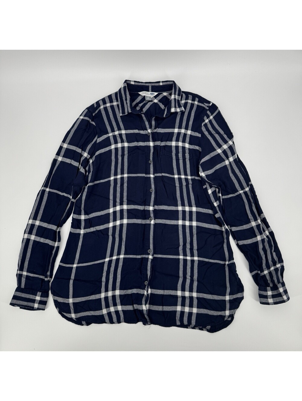 Old Navy Navy Plaid Long Sleeve Button Down Shirt Casual Women’s Size L Tall